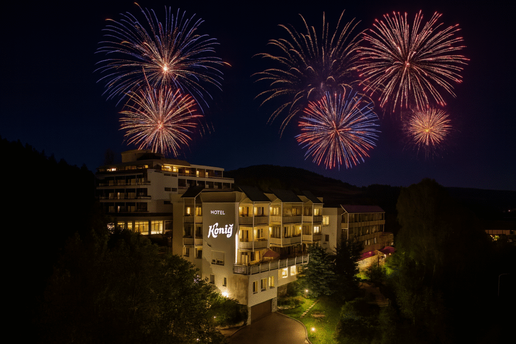 Vitalhotel König am Park festlich beleuchtet mit Feuerwerk zu Silvester