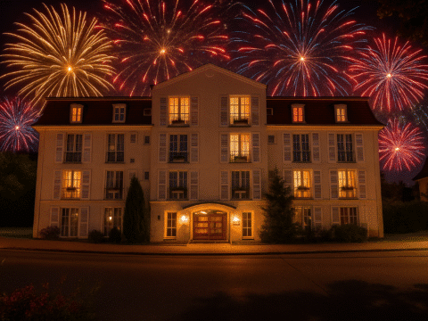 Hotel Rosenhof Bamberg bei Nacht mit buntem Feuerwerk zu Silvester
