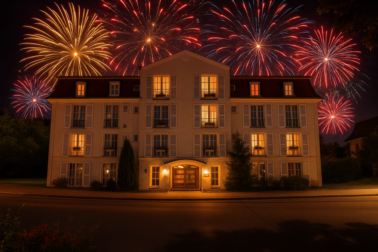 Hotel Rosenhof Bamberg bei Nacht mit buntem Feuerwerk zu Silvester