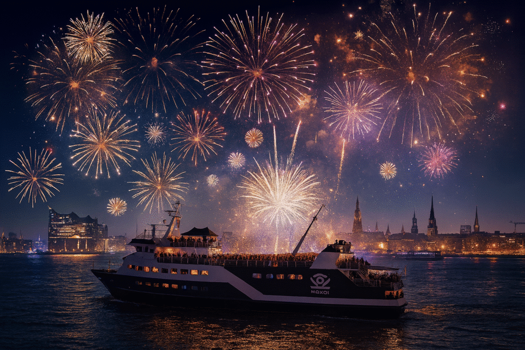 MS Koi Silvester Cruise mit Blick auf Hamburger Hafen und Feuerwerk
