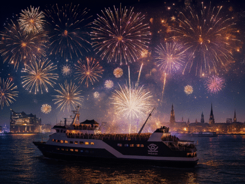 MS Koi Silvester Cruise mit Blick auf Hamburger Hafen und Feuerwerk