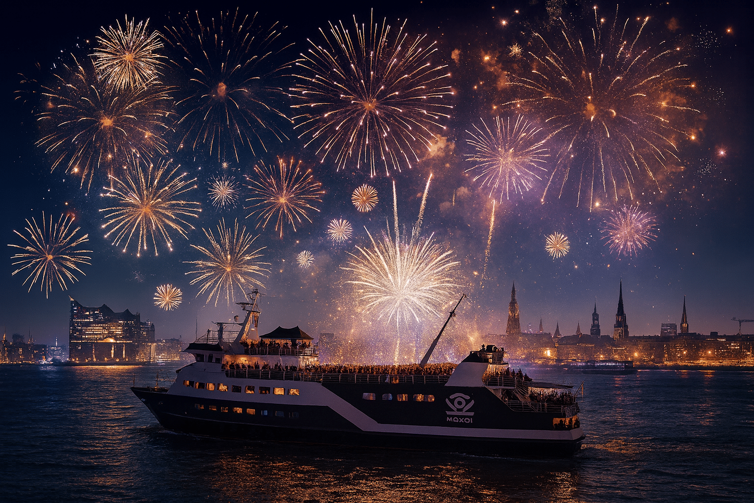 MS Koi Silvester Cruise mit Blick auf Hamburger Hafen und Feuerwerk