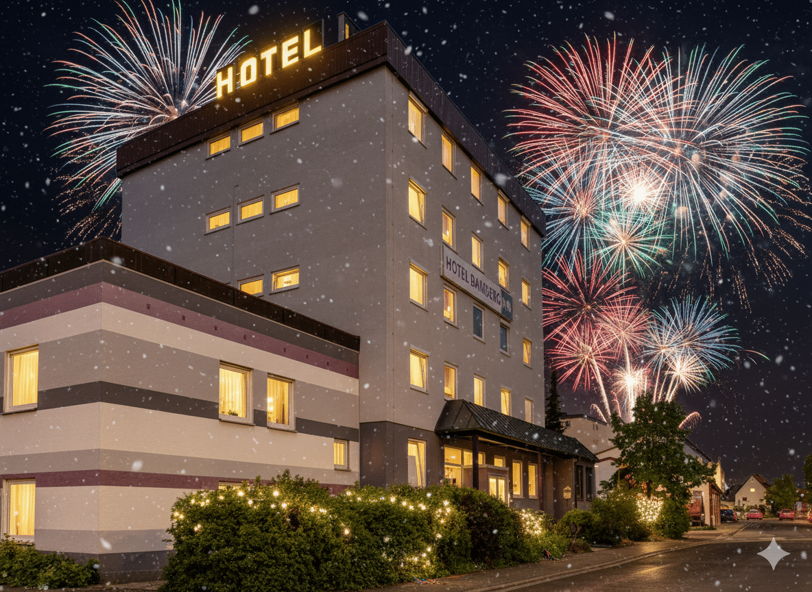 Hotel Bamberg Inn bei Nacht mit Feuerwerk an Silvester