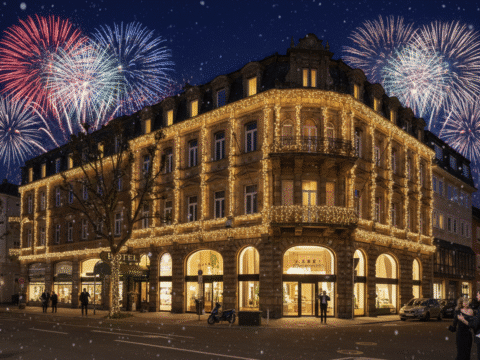 Hotel National Bamberg festlich beleuchtet an Silvester mit Feuerwerk