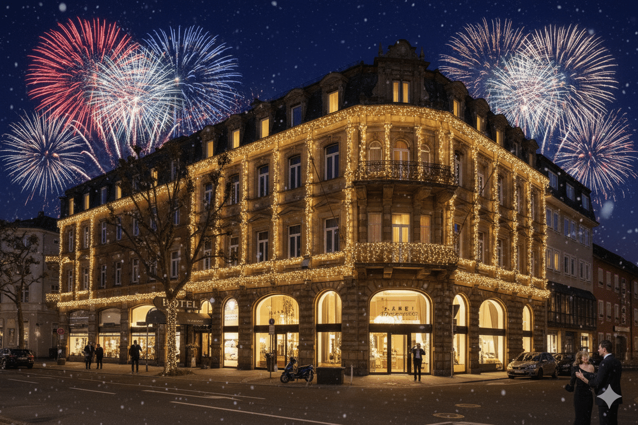 Hotel National Bamberg festlich beleuchtet an Silvester mit Feuerwerk