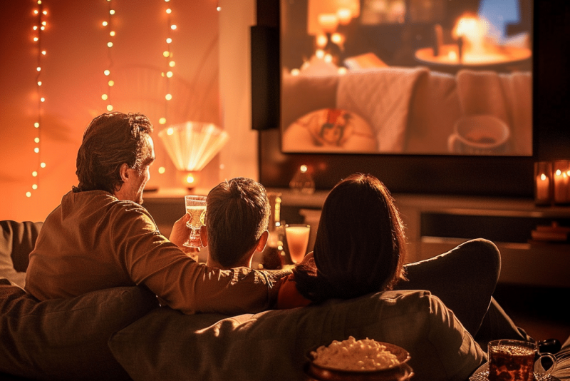 Eine Familie schaut an Silvester gemütlich „Dinner for One“, umgeben von festlicher Beleuchtung und Snacks.