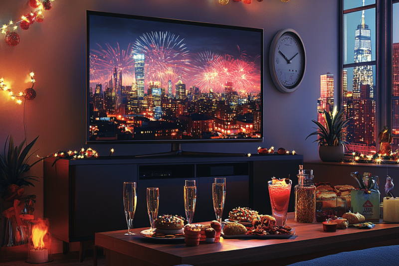 Ein gemütliches Wohnzimmer an Silvester, dekoriert mit Lichtern, einem gedeckten Tisch, einem Fernseher mit Feuerwerksbild und Blick auf eine Stadt mit Feuerwerk.