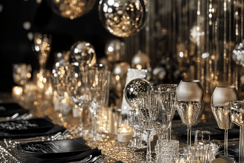 Tischdekoration für eine glamouröse Silvesterparty mit goldenen und silbernen Akzenten, glitzernden Gläsern, eleganten schwarzen Servietten und glänzenden Ballons.
