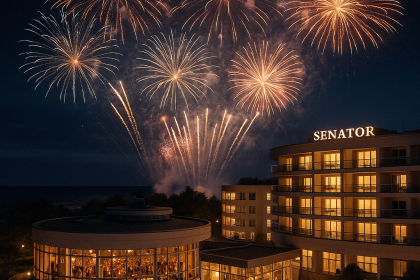 Feierliche Silvesternacht mit Feuerwerk vor dem Hotel Senator in Dźwirzyno