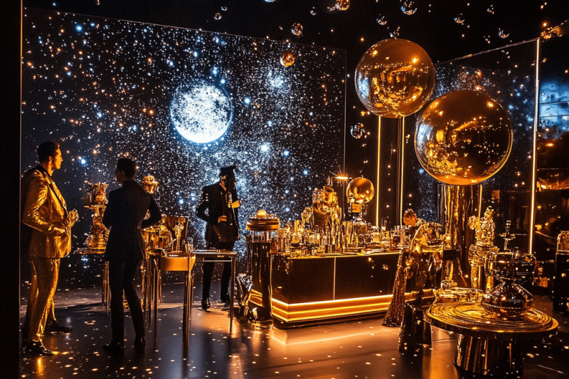 Futuristisches Silvesterparty-Setting mit glitzernden Dekorationen, eleganten Outfits, goldenen Akzenten und stimmungsvoller Beleuchtung. Perfekt für Motto-Ideen für Ihre Silvesterparty.
