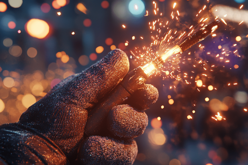 Ultra-realistische Nahaufnahme einer Rakete, die an Silvester angezündet wird, mit funkelnden Glutpartikeln und winterlicher Atmosphäre.