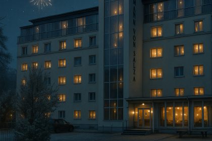 Beleuchtetes Alpha Hotel Hermann von Salza bei Nacht mit Silvesterfeuerwerk