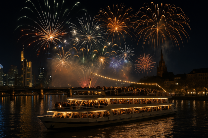 Feierliche Silvesternacht auf dem Schiff mit Blick auf das Feuerwerk und die Skyline von Frankfurt während des Aufenthalts im Aparthotel Adagio Frankfurt City Messe