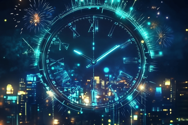 Leuchtende digitale Atomuhr mit Sekundenanzeige, im Hintergrund eine festliche Stadt bei Nacht mit Feuerwerken, passend zum Silvester Countdown.