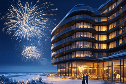 Feuerwerk an Silvester vor dem DIUNE Hotel & Resort mit Blick auf die Ostsee