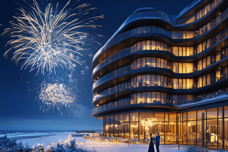 Feuerwerk an Silvester vor dem DIUNE Hotel & Resort mit Blick auf die Ostsee