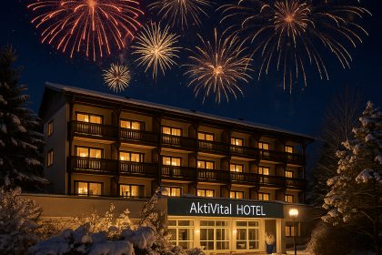 AktiVital Hotel bei Nacht mit Feuerwerk und verschneiter Winterlandschaft