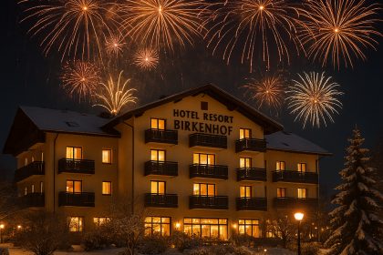 Hotel Resort Birkenhof im Schnee mit Silvester-Feuerwerk
