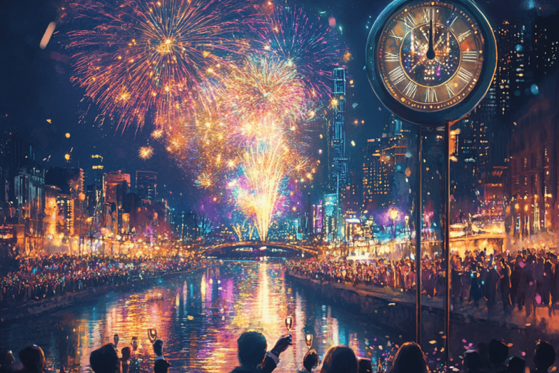 Beeindruckendes Silvester-Feuerwerk über einer Stadt mit Menschen, die am Fluss feiern und mit Sekt anstoßen