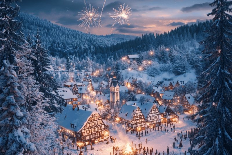Festliche Silvesternacht im Harz mit Schnee, Feuerwerk und Fachwerkhäusern