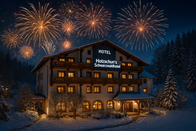 Feierliches Silvester am Holzschuh's Schwarzwaldhotel mit Feuerwerk über dem verschneiten Hotel im Schwarzwald