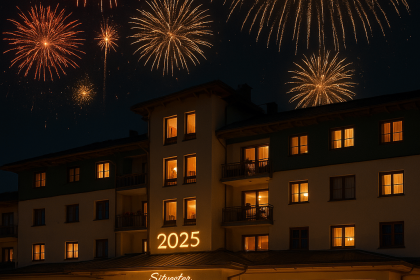 Gäste feiern Silvester vor dem festlich beleuchteten Hotel am Kurhaus mit großem Feuerwerk