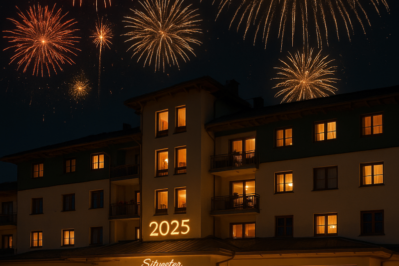 Gäste feiern Silvester vor dem festlich beleuchteten Hotel am Kurhaus mit großem Feuerwerk