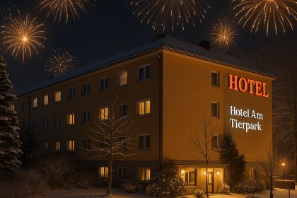 Hotel Am Tierpark bei Nacht mit Feuerwerk zu Silvester