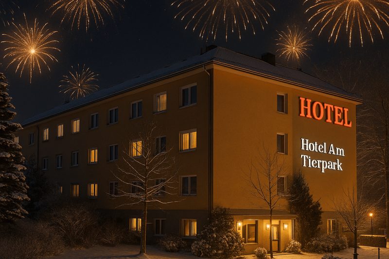 Hotel Am Tierpark bei Nacht mit Feuerwerk zu Silvester