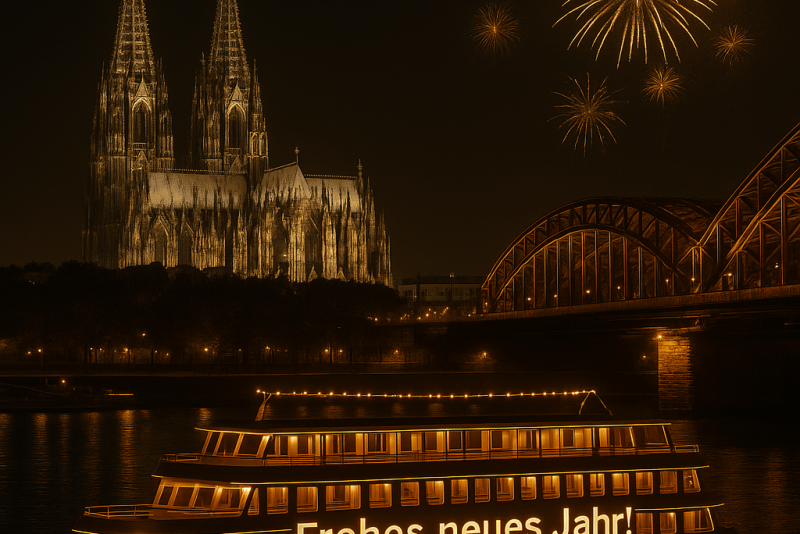 Festlich beleuchtetes Schiff auf dem Rhein mit Feuerwerk und Kölner Dom bei Nacht vor dem Hotel Stadtpalais