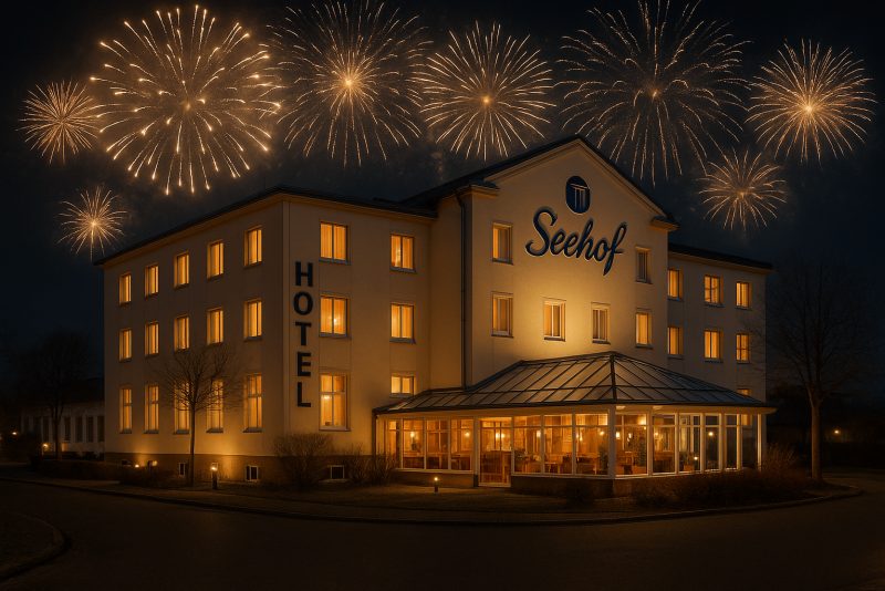 Hotel Seehof Leipzig bei Nacht mit dezentem Feuerwerk zu Silvester