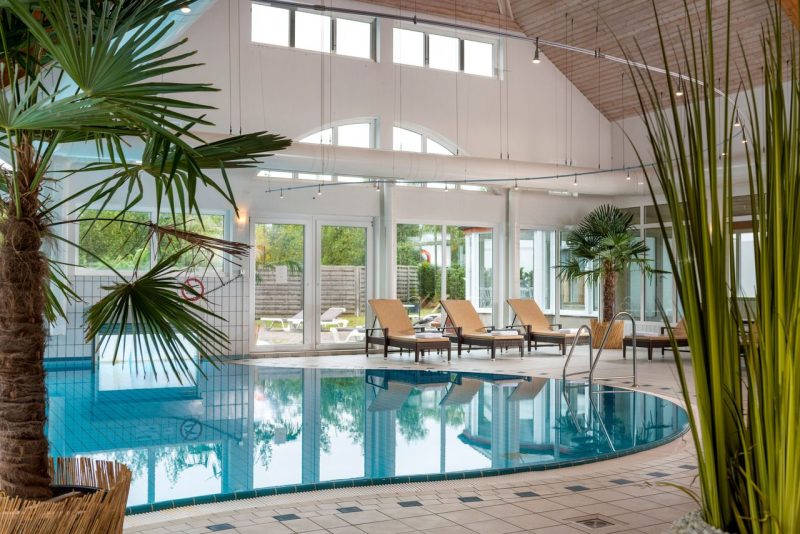 Indoor-Pool mit Liegen und Palmen im Aedenlife Hotel & Resort Rügen