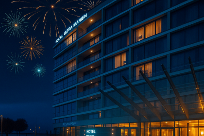 Silvesterfeuerwerk über dem Marine Hotel & Ultra Marine bei Nacht