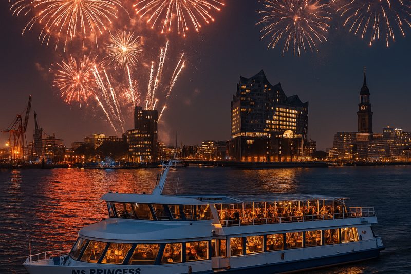 MS Princess bei Silvesterfahrt auf der Elbe mit Feuerwerk und Skyline Hamburg