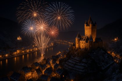 Feuerwerk an Silvester über Burg und Mosel nahe dem Mühlen Hotel Konschake