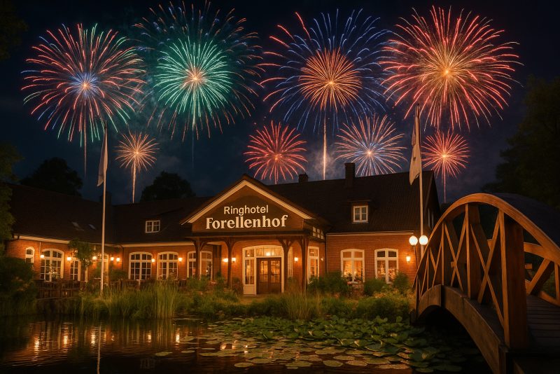 Feuerwerk über dem Ringhotel Forellenhof zu Silvester mit festlicher Beleuchtung und Brücke am Teich