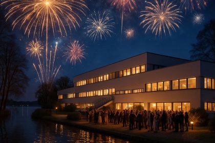 Silvesterfeier mit Feuerwerk vor dem Seepark Hotel am Wandlitzsee mit Gästen am Ufer und leuchtendem Nachthimmel