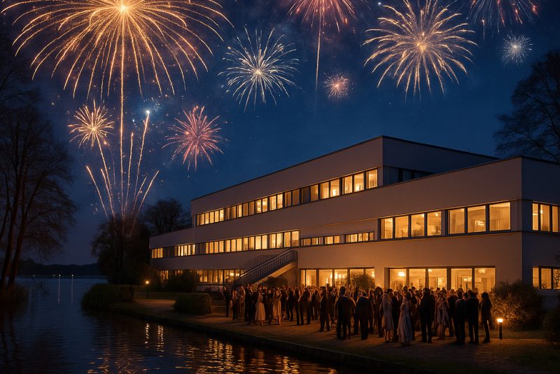 Silvesterfeier mit Feuerwerk vor dem Seepark Hotel am Wandlitzsee mit Gästen am Ufer und leuchtendem Nachthimmel