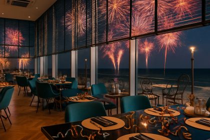 Festlich dekoriertes Restaurant im Strandhotel Ahlbeck mit Blick auf das Silvesterfeuerwerk über der Ostsee