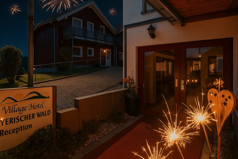 Eingang des Village Hotel Bayerischer Wald bei Nacht mit Feuerwerk und Wunderkerzen
