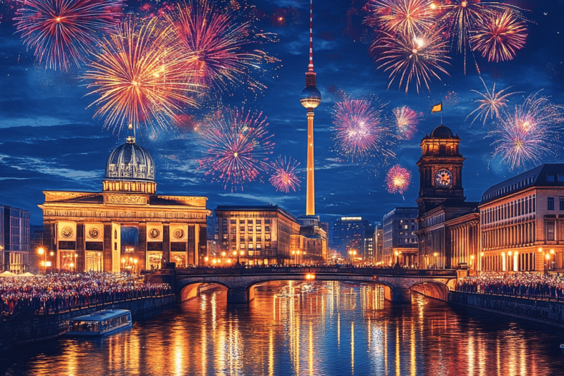 Feuerwerk über Berlin mit Blick auf Fernsehturm und Spree, perfekte Kulisse für eine Silvesterparty.